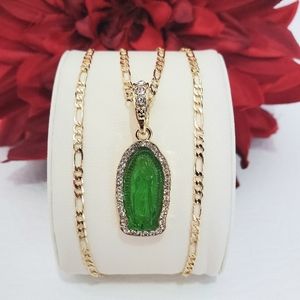Lady of Guadalupe Green Crystal Gem Gold Plated Necklace